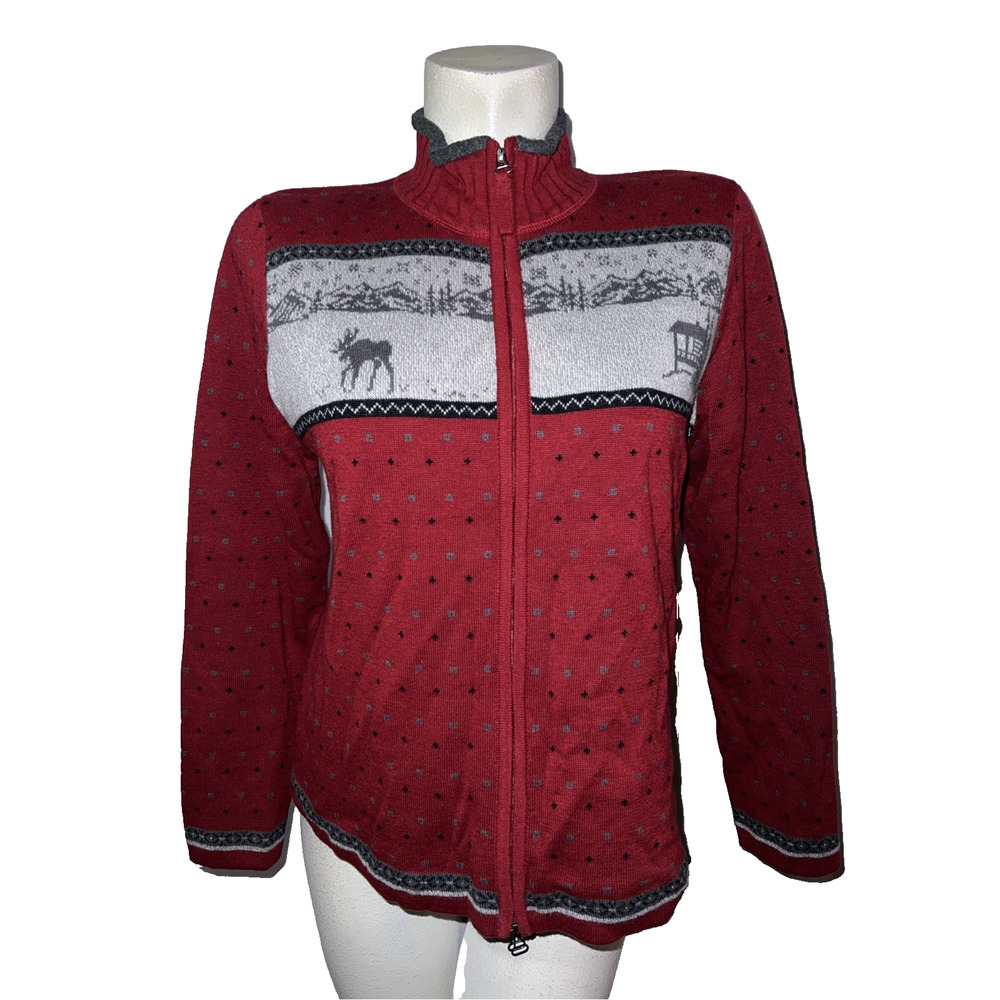 Woolrich Sweater Womens Size L Red Cabin Forest Moose Winter Scene Zip Cardigan - Picture 1 of 11